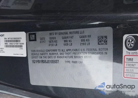 2018 Chevrolet Camaro 1Lt из США, поврежденный, VIN 1G1FB1RX6J0105937